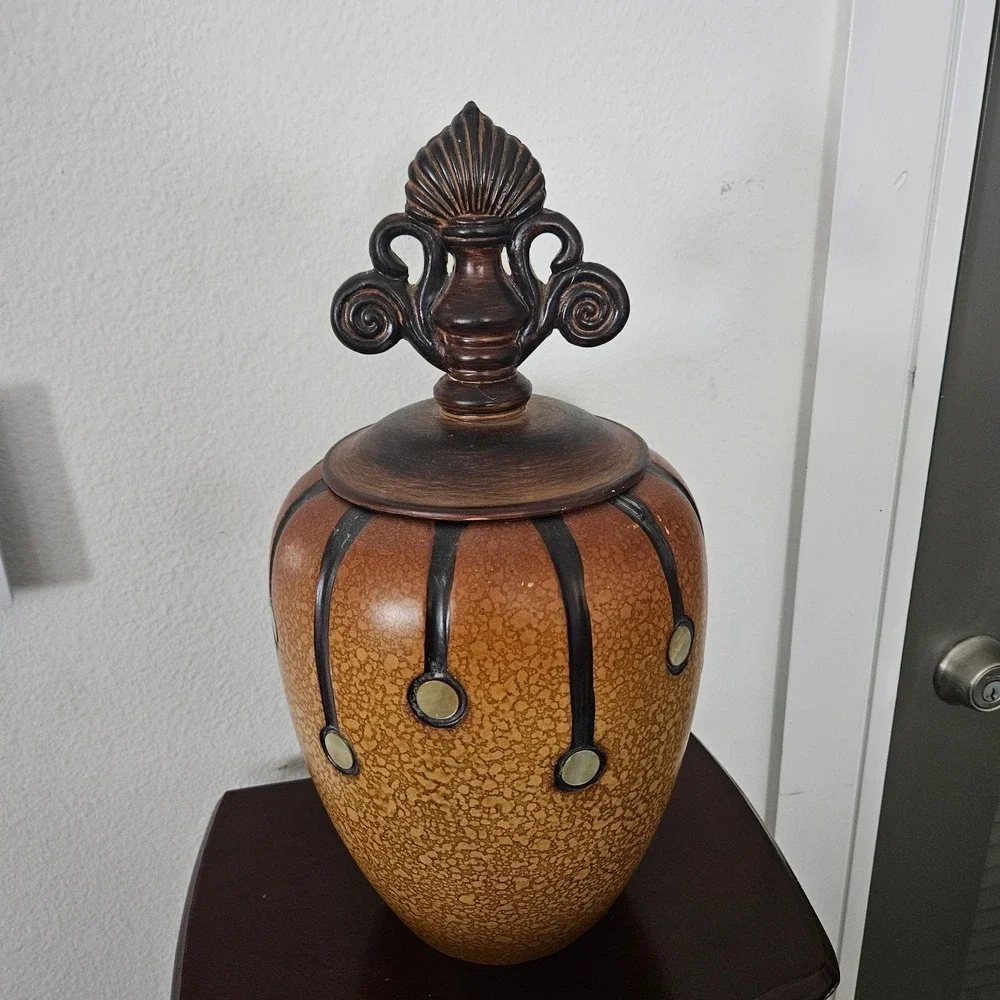 Brown Ginger Jar Decorative Urn Lidded Ceramic‎ Vase 16 inch Tall Decor Art